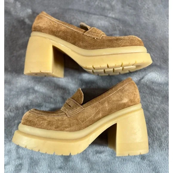 Steve Madden Louise Platform Loafers Shoes Womens 8 Beige Suede Chunky Heels - Picture 2 of 10